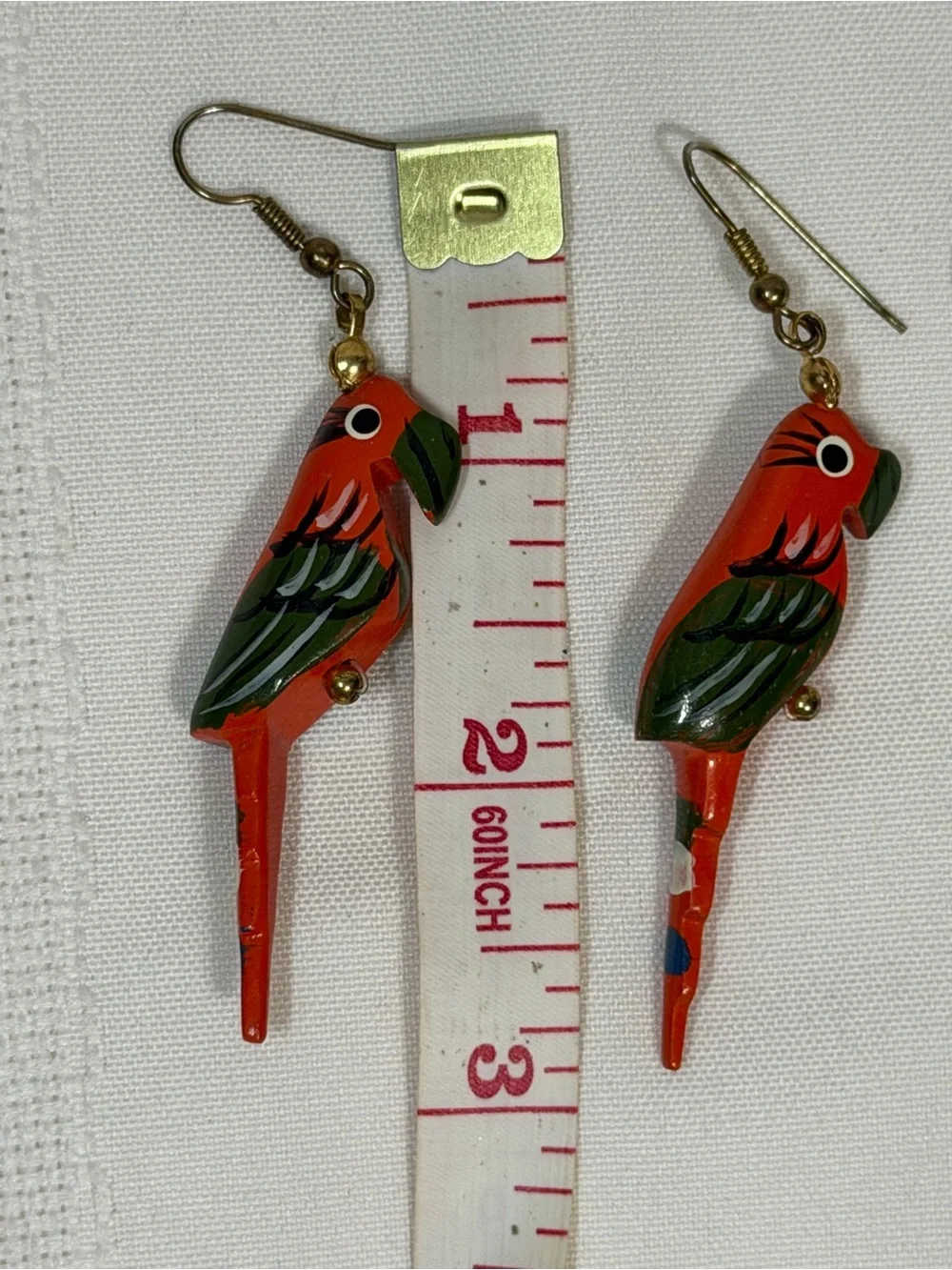 Vintage Hand Painted 2.25” Orange Parrot Pierced Earrings Carved Bird Tropical